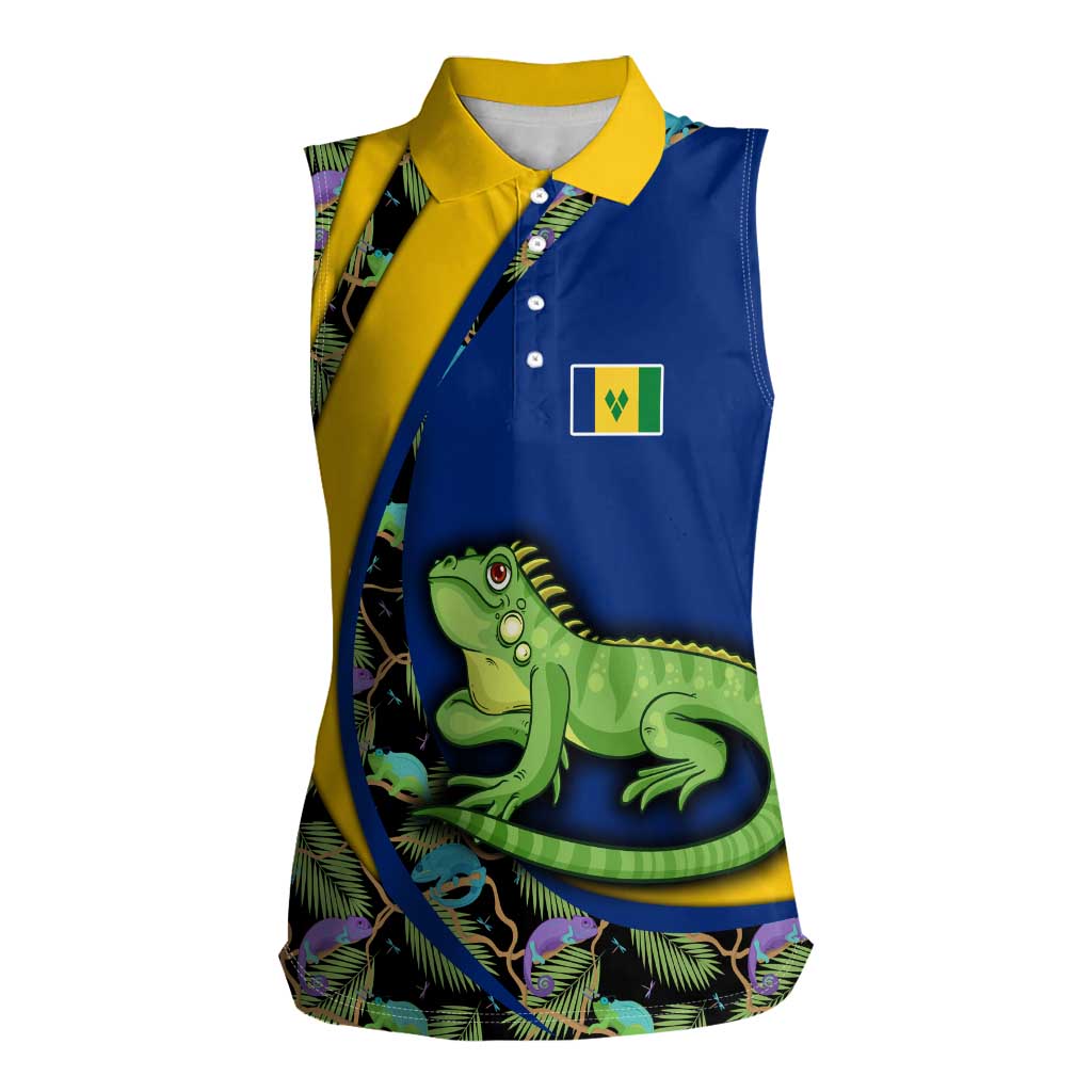 Saint Vincent and the Grenadines Iguana Women Sleeveless Polo Shirt with Tropical Leaf Pattern and National Flag - Wonder Print Shop