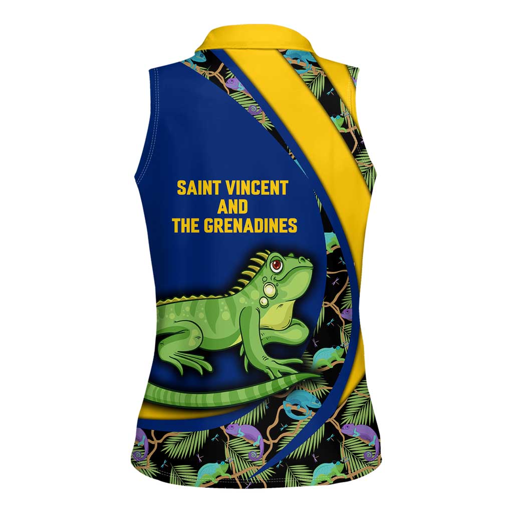 Saint Vincent and the Grenadines Iguana Women Sleeveless Polo Shirt with Tropical Leaf Pattern and National Flag - Wonder Print Shop