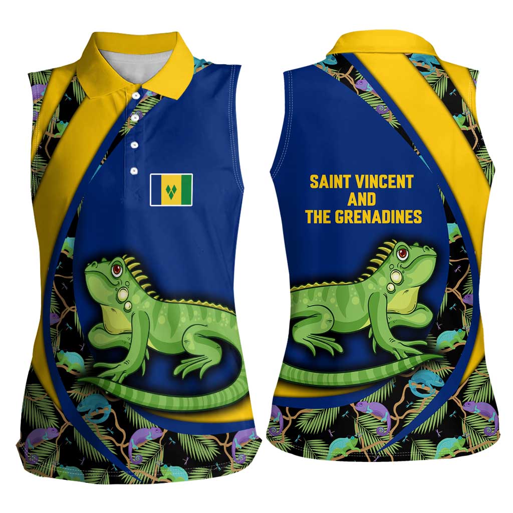 Saint Vincent and the Grenadines Iguana Women Sleeveless Polo Shirt with Tropical Leaf Pattern and National Flag - Wonder Print Shop