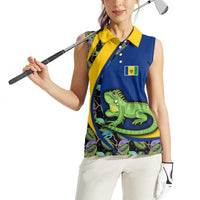 Saint Vincent and the Grenadines Iguana Women Sleeveless Polo Shirt with Tropical Leaf Pattern and National Flag - Wonder Print Shop