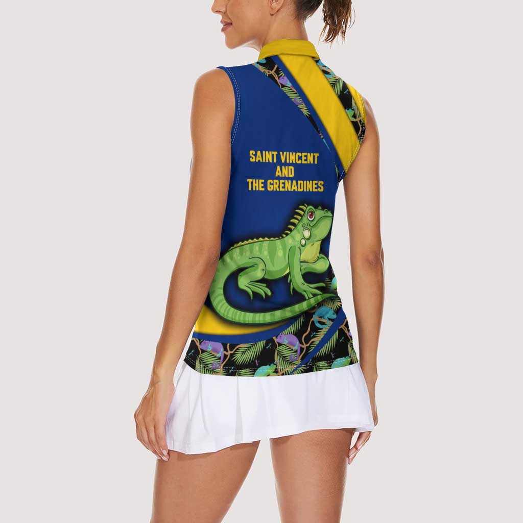 Saint Vincent and the Grenadines Iguana Women Sleeveless Polo Shirt with Tropical Leaf Pattern and National Flag - Wonder Print Shop