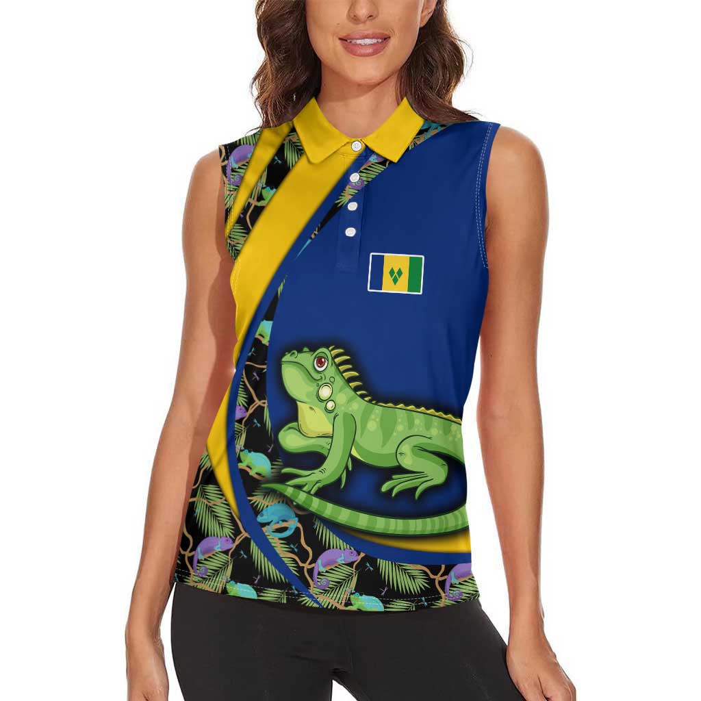 Saint Vincent and the Grenadines Iguana Women Sleeveless Polo Shirt with Tropical Leaf Pattern and National Flag - Wonder Print Shop
