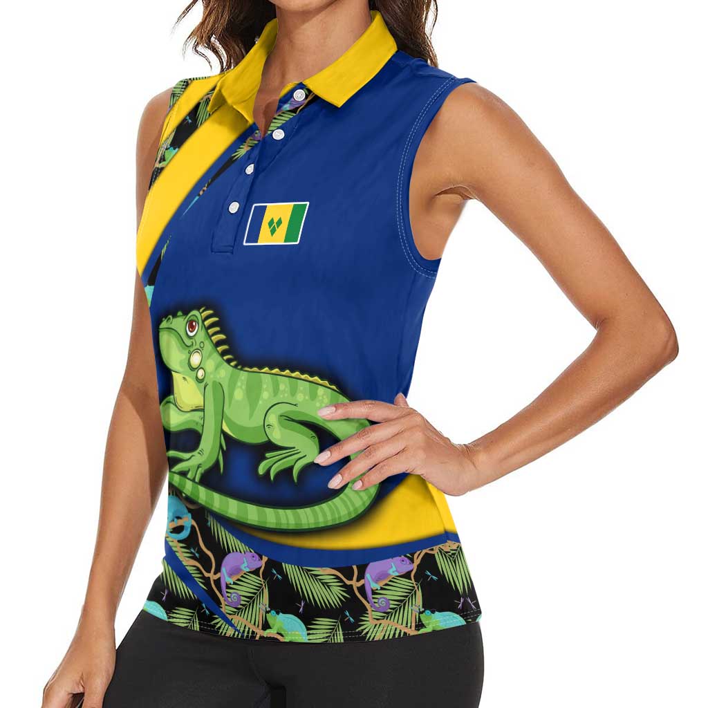 Saint Vincent and the Grenadines Iguana Women Sleeveless Polo Shirt with Tropical Leaf Pattern and National Flag - Wonder Print Shop