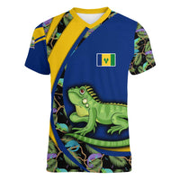 Saint Vincent and the Grenadines Iguana Women V-Neck T-Shirt with Tropical Leaf Pattern and National Flag - Wonder Print Shop