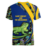 Saint Vincent and the Grenadines Iguana Women V-Neck T-Shirt with Tropical Leaf Pattern and National Flag - Wonder Print Shop