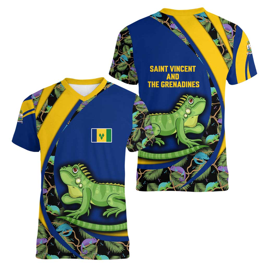 Saint Vincent and the Grenadines Iguana Women V-Neck T-Shirt with Tropical Leaf Pattern and National Flag - Wonder Print Shop
