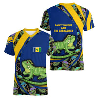 Saint Vincent and the Grenadines Iguana Women V-Neck T-Shirt with Tropical Leaf Pattern and National Flag - Wonder Print Shop