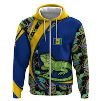 Saint Vincent and the Grenadines Iguana Zip Hoodie with Tropical Leaf Pattern and National Flag - Wonder Print Shop