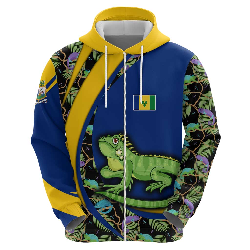 Saint Vincent and the Grenadines Iguana Zip Hoodie with Tropical Leaf Pattern and National Flag - Wonder Print Shop