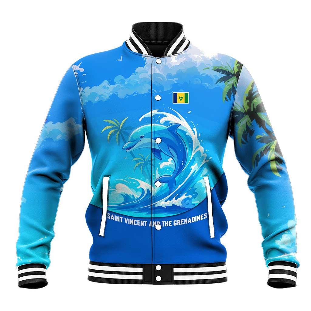 Saint Vincent and the Grenadines Dolphin Baseball Jacket with Ocean Wave and Tropical Island Design - Wonder Print Shop