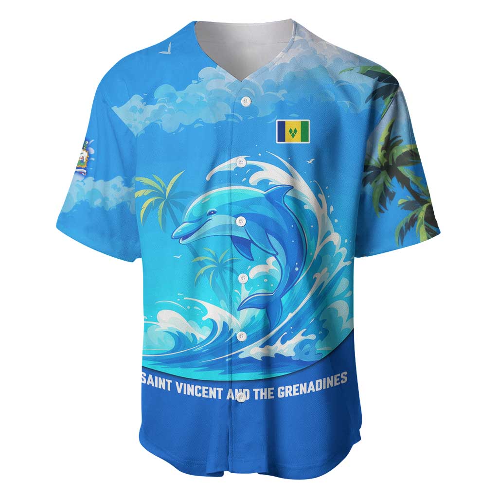 Saint Vincent and the Grenadines Dolphin Baseball Jersey with Ocean Wave and Tropical Island Design - Wonder Print Shop