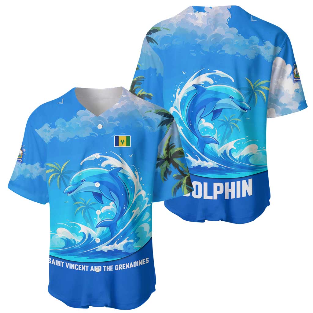 Saint Vincent and the Grenadines Dolphin Baseball Jersey with Ocean Wave and Tropical Island Design - Wonder Print Shop