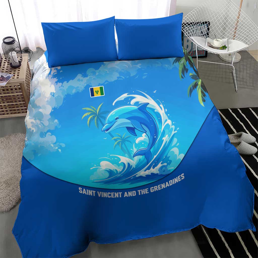 Saint Vincent and the Grenadines Dolphin Bedding Set with Ocean Wave and Tropical Island Design - Wonder Print Shop