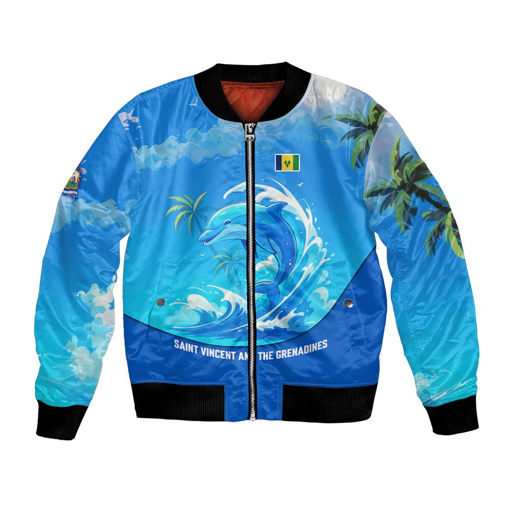 Saint Vincent and the Grenadines Dolphin Bomber Jacket with Ocean Wave and Tropical Island Design - Wonder Print Shop
