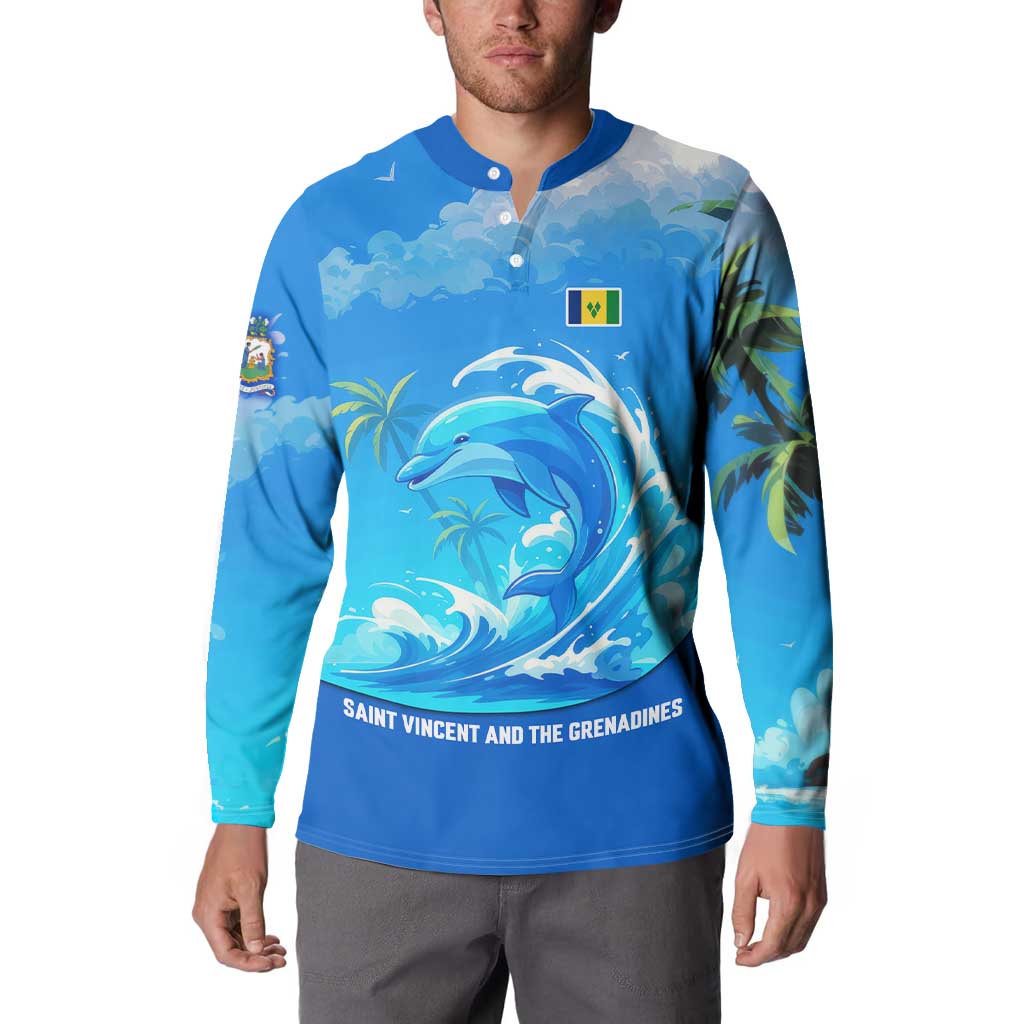 Saint Vincent and the Grenadines Dolphin Button Sweatshirt with Ocean Wave and Tropical Island Design - Wonder Print Shop