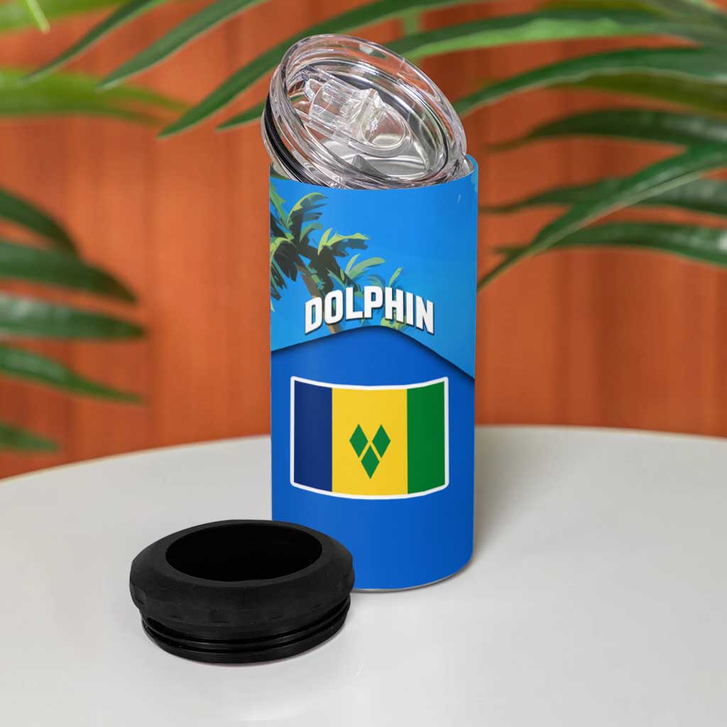 Saint Vincent and the Grenadines Dolphin 4 in 1 Can Cooler Tumbler with Ocean Wave and Tropical Island Design - Wonder Print Shop