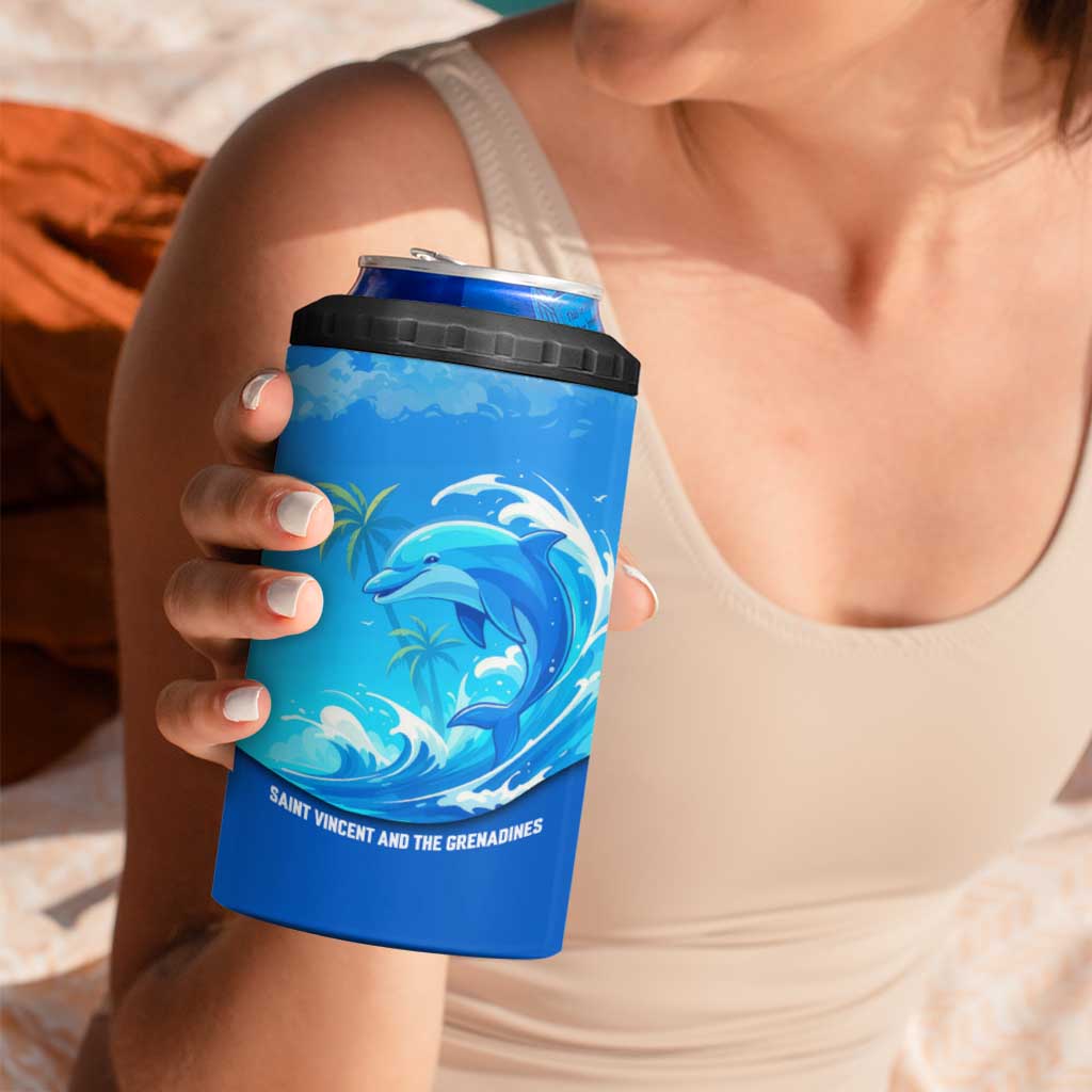 Saint Vincent and the Grenadines Dolphin 4 in 1 Can Cooler Tumbler with Ocean Wave and Tropical Island Design - Wonder Print Shop