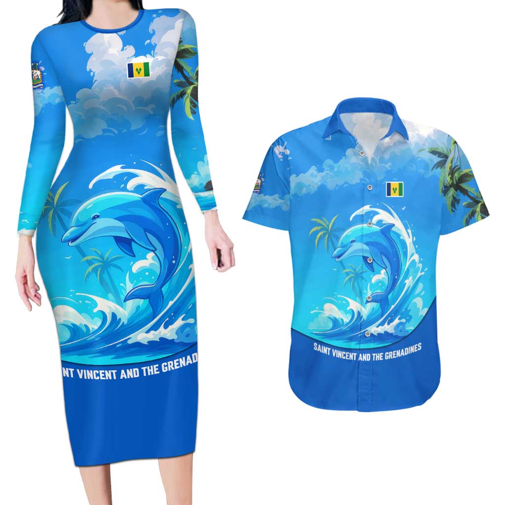 Saint Vincent and the Grenadines Dolphin Couples Matching Long Sleeve Bodycon Dress and Hawaiian Shirt with Ocean Wave and Tropical Island Design - Wonder Print Shop