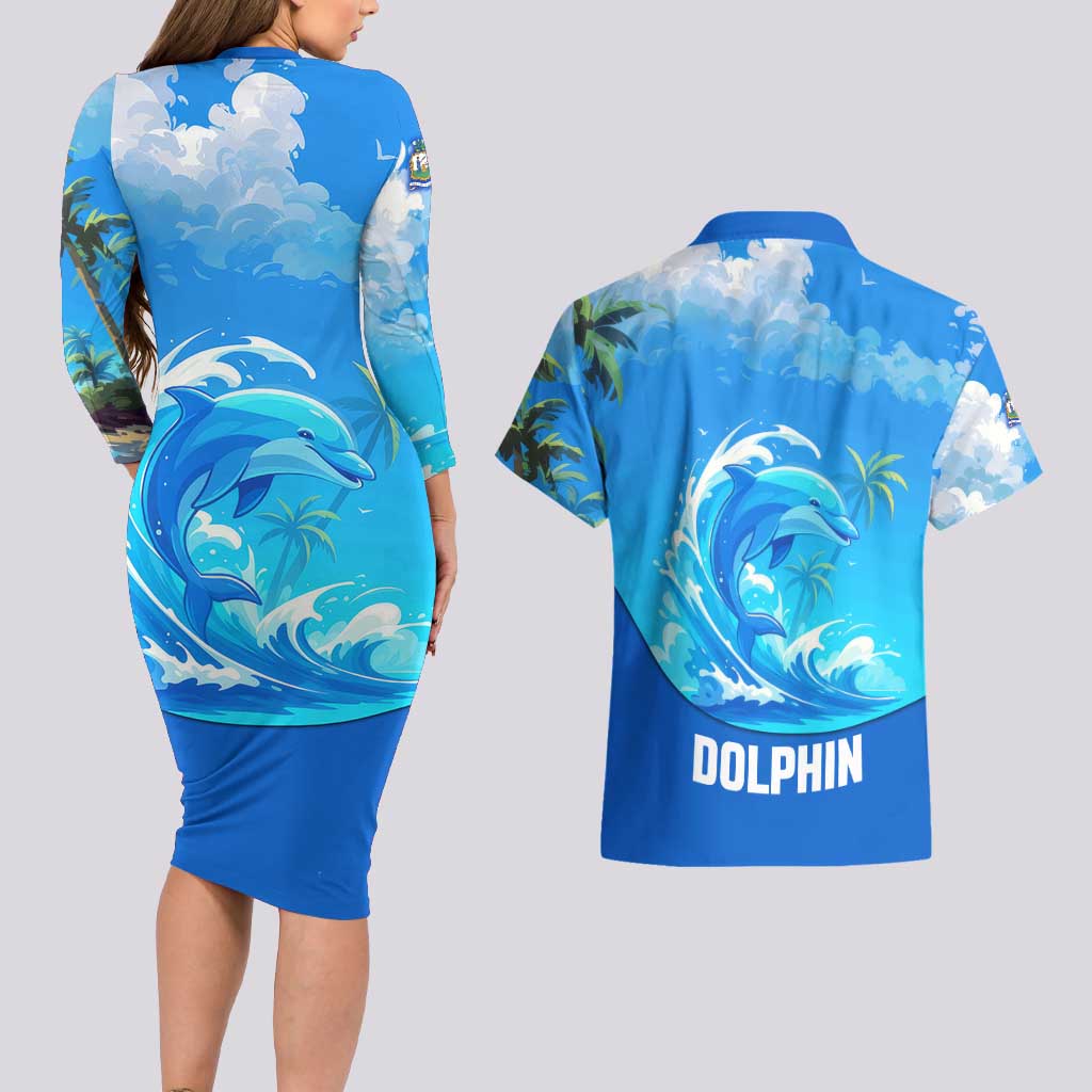 Saint Vincent and the Grenadines Dolphin Couples Matching Long Sleeve Bodycon Dress and Hawaiian Shirt with Ocean Wave and Tropical Island Design - Wonder Print Shop