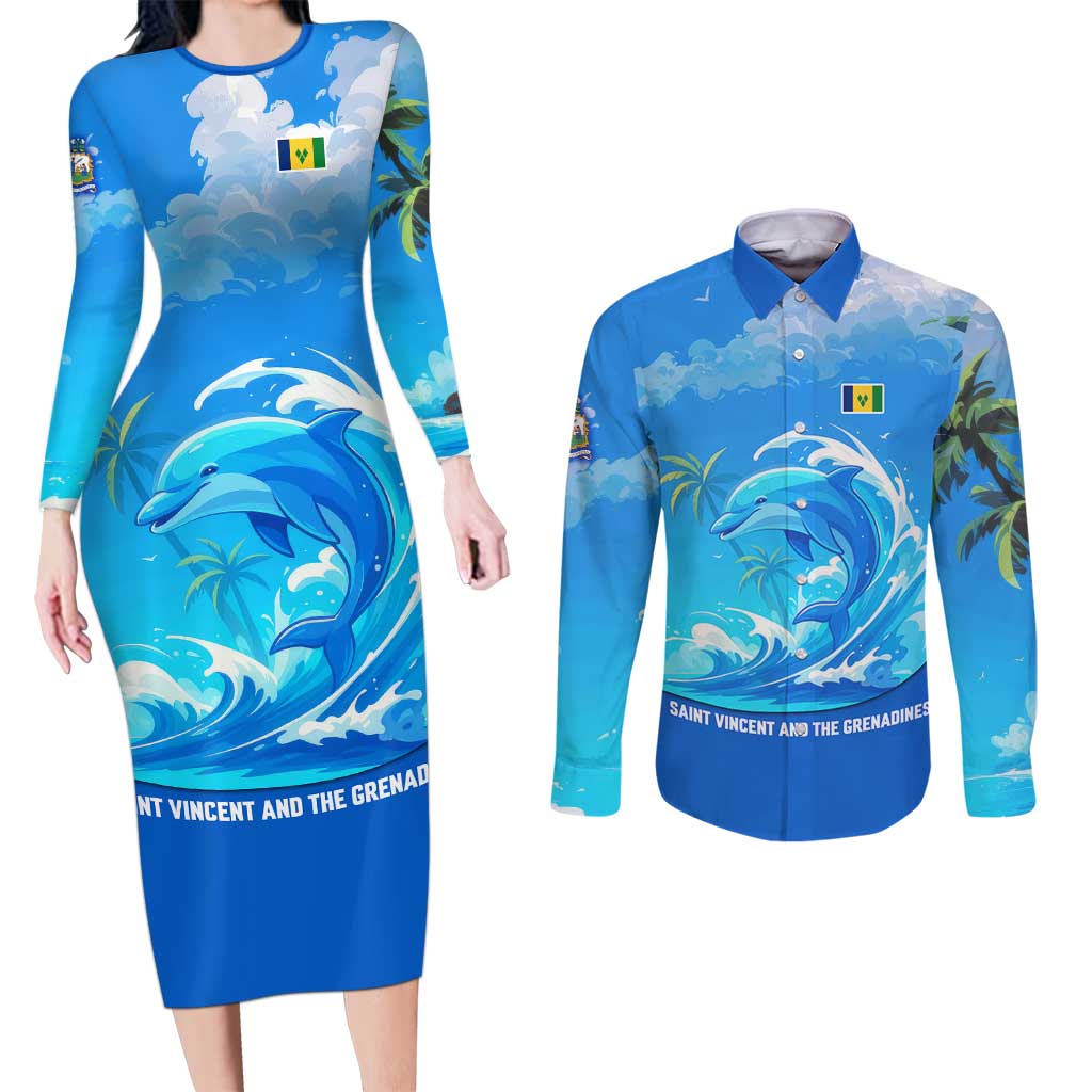 Saint Vincent and the Grenadines Dolphin Couples Matching Long Sleeve Bodycon Dress and Long Sleeve Button Shirt with Ocean Wave and Tropical Island Design - Wonder Print Shop