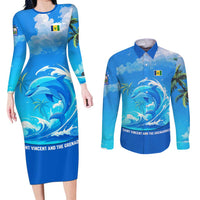 Saint Vincent and the Grenadines Dolphin Couples Matching Long Sleeve Bodycon Dress and Long Sleeve Button Shirt with Ocean Wave and Tropical Island Design - Wonder Print Shop
