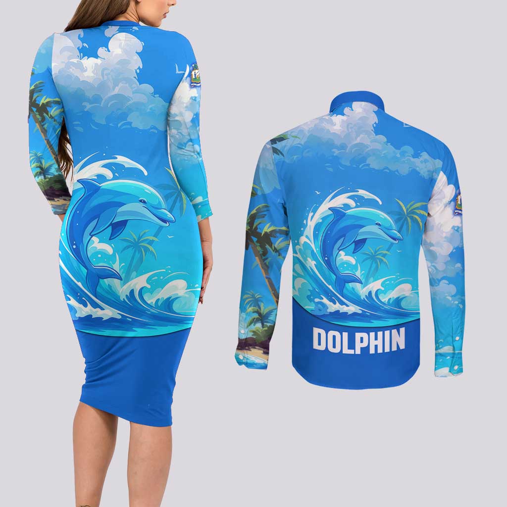 Saint Vincent and the Grenadines Dolphin Couples Matching Long Sleeve Bodycon Dress and Long Sleeve Button Shirt with Ocean Wave and Tropical Island Design - Wonder Print Shop