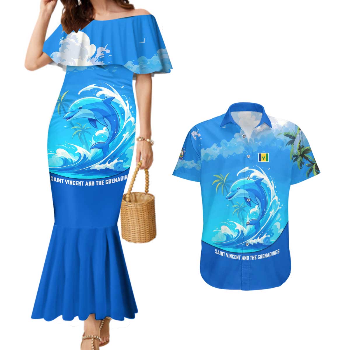 Saint Vincent and the Grenadines Dolphin Couples Matching Mermaid Dress and Hawaiian Shirt with Ocean Wave and Tropical Island Design - Wonder Print Shop