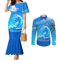 Saint Vincent and the Grenadines Dolphin Couples Matching Mermaid Dress and Long Sleeve Button Shirt with Ocean Wave and Tropical Island Design - Wonder Print Shop