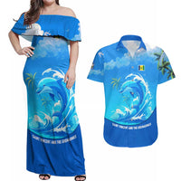 Saint Vincent and the Grenadines Dolphin Couples Matching Off Shoulder Maxi Dress and Hawaiian Shirt with Ocean Wave and Tropical Island Design - Wonder Print Shop