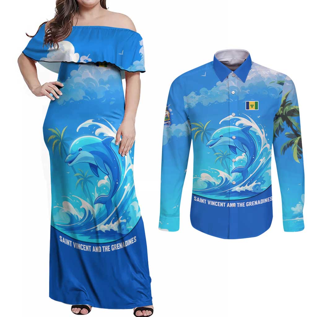 Saint Vincent and the Grenadines Dolphin Couples Matching Off Shoulder Maxi Dress and Long Sleeve Button Shirt with Ocean Wave and Tropical Island Design - Wonder Print Shop