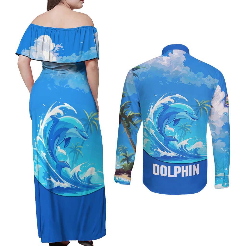 Saint Vincent and the Grenadines Dolphin Couples Matching Off Shoulder Maxi Dress and Long Sleeve Button Shirt with Ocean Wave and Tropical Island Design - Wonder Print Shop