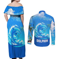 Saint Vincent and the Grenadines Dolphin Couples Matching Off Shoulder Maxi Dress and Long Sleeve Button Shirt with Ocean Wave and Tropical Island Design - Wonder Print Shop