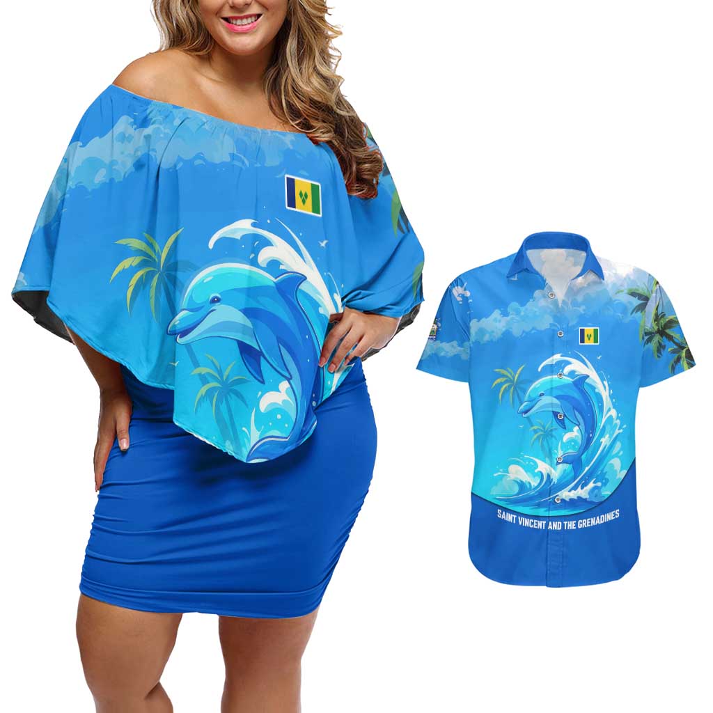 Saint Vincent and the Grenadines Dolphin Couples Matching Off Shoulder Short Dress and Hawaiian Shirt with Ocean Wave and Tropical Island Design - Wonder Print Shop