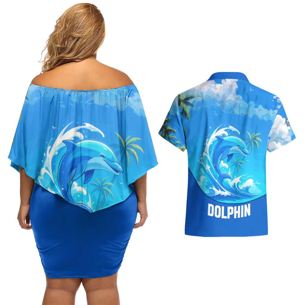Saint Vincent and the Grenadines Dolphin Couples Matching Off Shoulder Short Dress and Hawaiian Shirt with Ocean Wave and Tropical Island Design - Wonder Print Shop