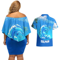 Saint Vincent and the Grenadines Dolphin Couples Matching Off Shoulder Short Dress and Hawaiian Shirt with Ocean Wave and Tropical Island Design - Wonder Print Shop