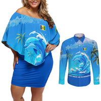 Saint Vincent and the Grenadines Dolphin Couples Matching Off Shoulder Short Dress and Long Sleeve Button Shirt with Ocean Wave and Tropical Island Design - Wonder Print Shop