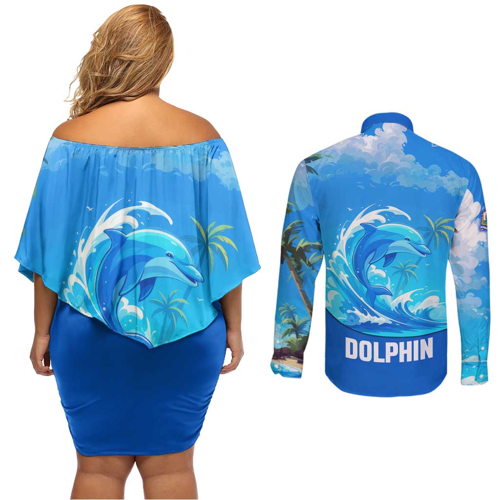 Saint Vincent and the Grenadines Dolphin Couples Matching Off Shoulder Short Dress and Long Sleeve Button Shirt with Ocean Wave and Tropical Island Design - Wonder Print Shop