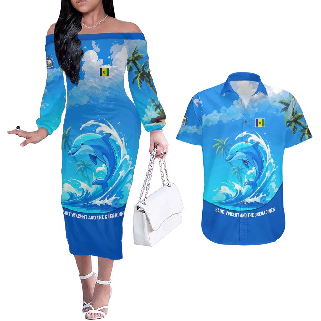 Saint Vincent and the Grenadines Dolphin Couples Matching Off The Shoulder Long Sleeve Dress and Hawaiian Shirt with Ocean Wave and Tropical Island Design - Wonder Print Shop