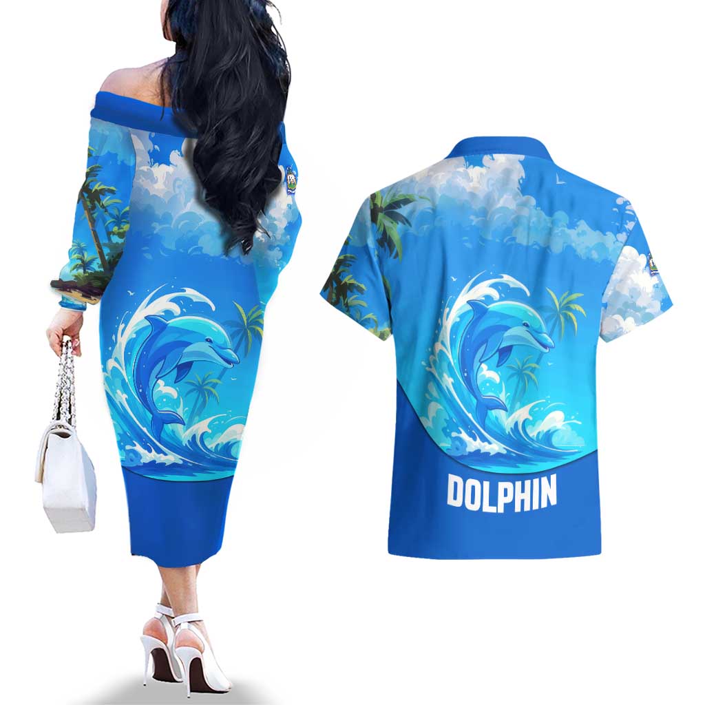 Saint Vincent and the Grenadines Dolphin Couples Matching Off The Shoulder Long Sleeve Dress and Hawaiian Shirt with Ocean Wave and Tropical Island Design - Wonder Print Shop