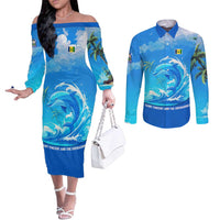 Saint Vincent and the Grenadines Dolphin Couples Matching Off The Shoulder Long Sleeve Dress and Long Sleeve Button Shirt with Ocean Wave and Tropical Island Design - Wonder Print Shop