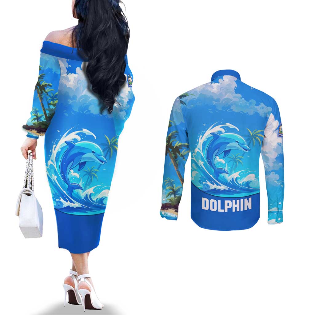 Saint Vincent and the Grenadines Dolphin Couples Matching Off The Shoulder Long Sleeve Dress and Long Sleeve Button Shirt with Ocean Wave and Tropical Island Design - Wonder Print Shop