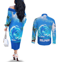 Saint Vincent and the Grenadines Dolphin Couples Matching Off The Shoulder Long Sleeve Dress and Long Sleeve Button Shirt with Ocean Wave and Tropical Island Design - Wonder Print Shop