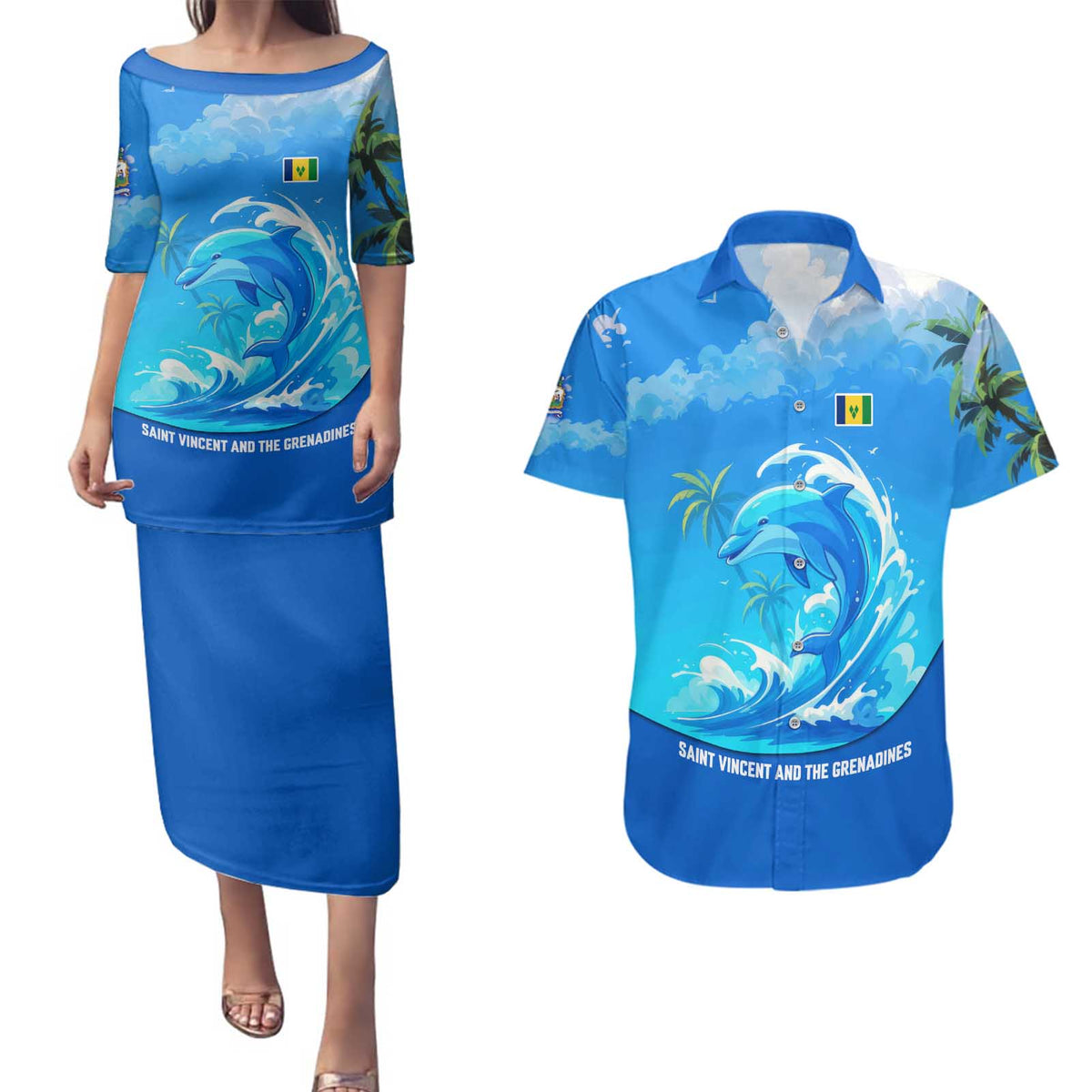 Saint Vincent and the Grenadines Dolphin Couples Matching Puletasi and Hawaiian Shirt with Ocean Wave and Tropical Island Design - Wonder Print Shop