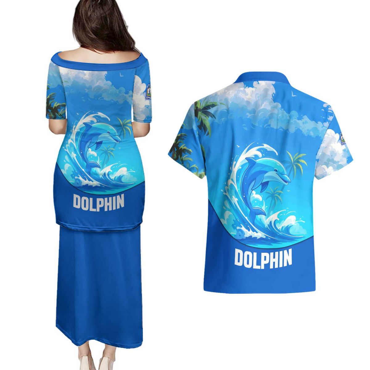 Saint Vincent and the Grenadines Dolphin Couples Matching Puletasi and Hawaiian Shirt with Ocean Wave and Tropical Island Design - Wonder Print Shop