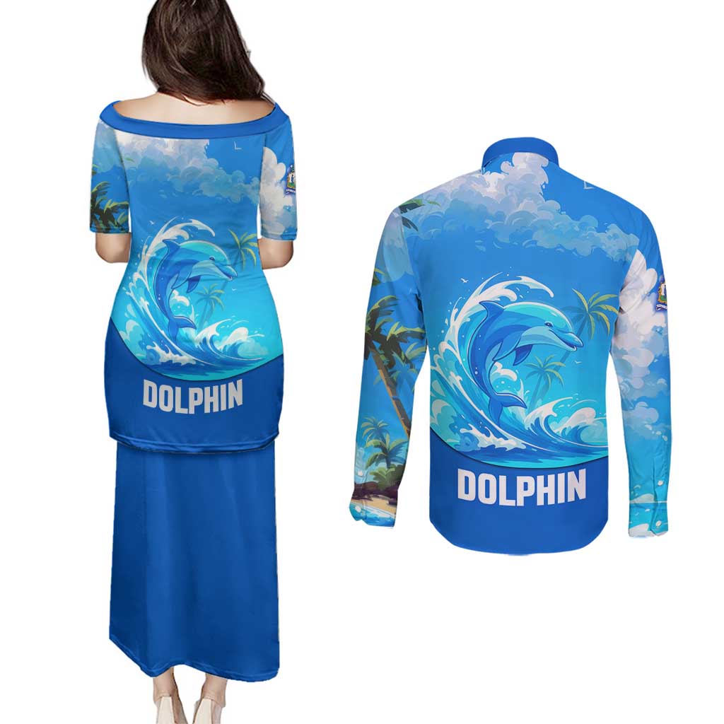 Saint Vincent and the Grenadines Dolphin Couples Matching Puletasi and Long Sleeve Button Shirt with Ocean Wave and Tropical Island Design - Wonder Print Shop