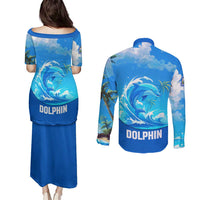 Saint Vincent and the Grenadines Dolphin Couples Matching Puletasi and Long Sleeve Button Shirt with Ocean Wave and Tropical Island Design - Wonder Print Shop