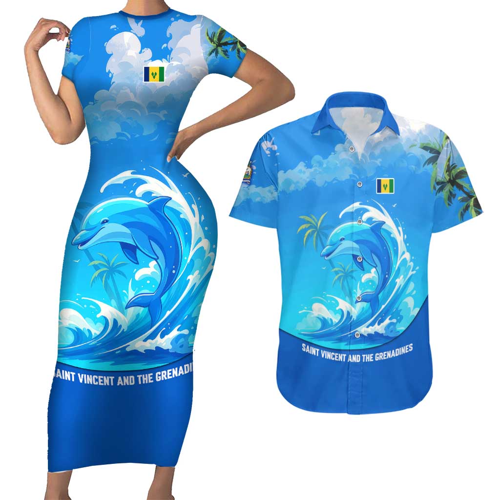 Saint Vincent and the Grenadines Dolphin Couples Matching Short Sleeve Bodycon Dress and Hawaiian Shirt with Ocean Wave and Tropical Island Design - Wonder Print Shop