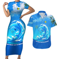 Saint Vincent and the Grenadines Dolphin Couples Matching Short Sleeve Bodycon Dress and Hawaiian Shirt with Ocean Wave and Tropical Island Design - Wonder Print Shop