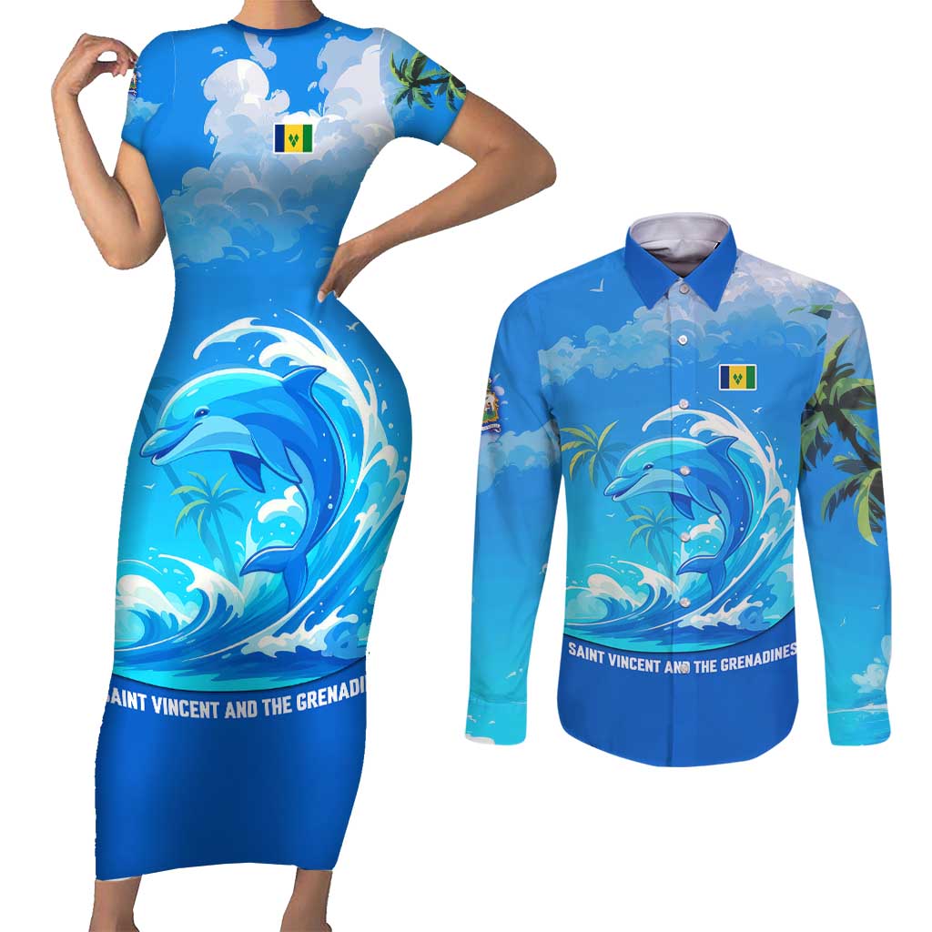 Saint Vincent and the Grenadines Dolphin Couples Matching Short Sleeve Bodycon Dress and Long Sleeve Button Shirt with Ocean Wave and Tropical Island Design - Wonder Print Shop