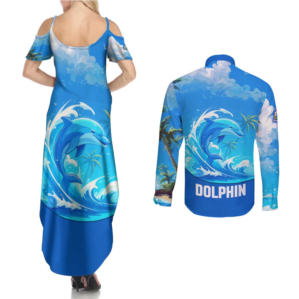 Saint Vincent and the Grenadines Dolphin Couples Matching Summer Maxi Dress and Long Sleeve Button Shirt with Ocean Wave and Tropical Island Design - Wonder Print Shop